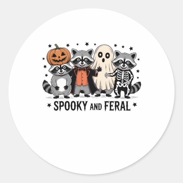 Spooky and Feral Funny Halloween Racoon Classic Round Sticker (Front)