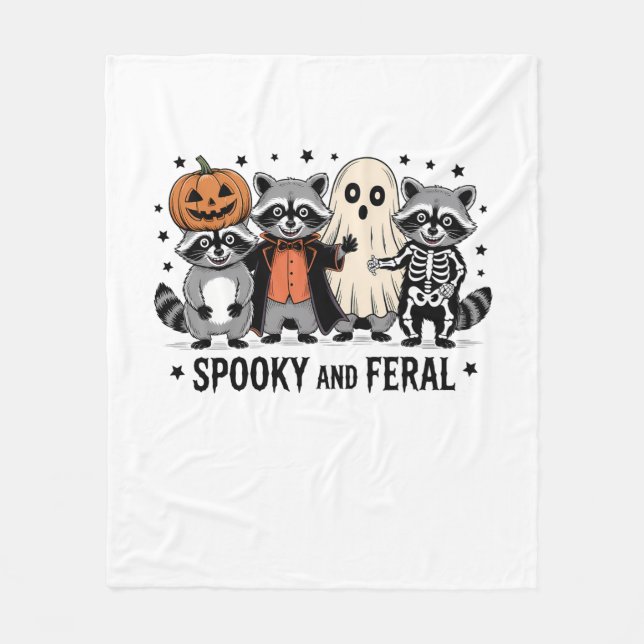 Spooky and Feral Funny Halloween Racoon Fleece Blanket (Front)