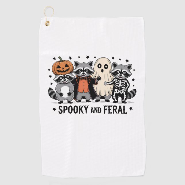 Spooky and Feral Funny Halloween Racoon Golf Towel (Front)
