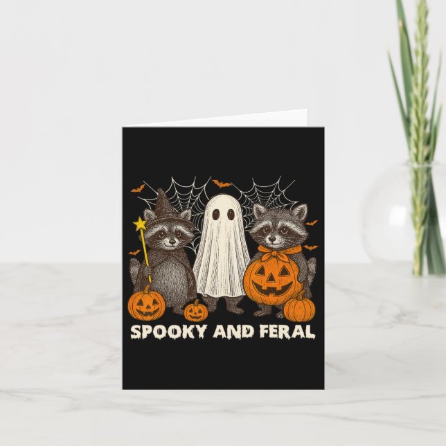 Spooky And Feral Halloween Cute Ghost Racoon Tric Card (Front)