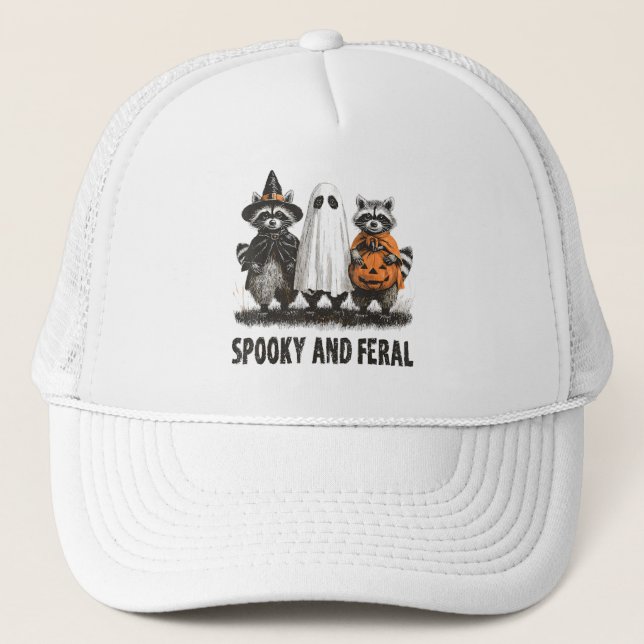Spooky And Feral Halloween Cute Ghost Racoon Trucker Hat (Front)