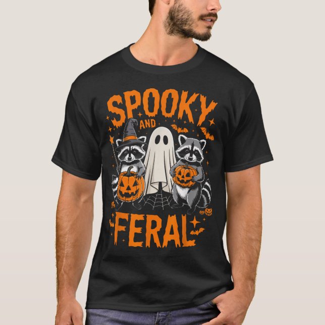 Spooky And Feral Halloween Racoon Ghost Pumpkin T-Shirt (Front)