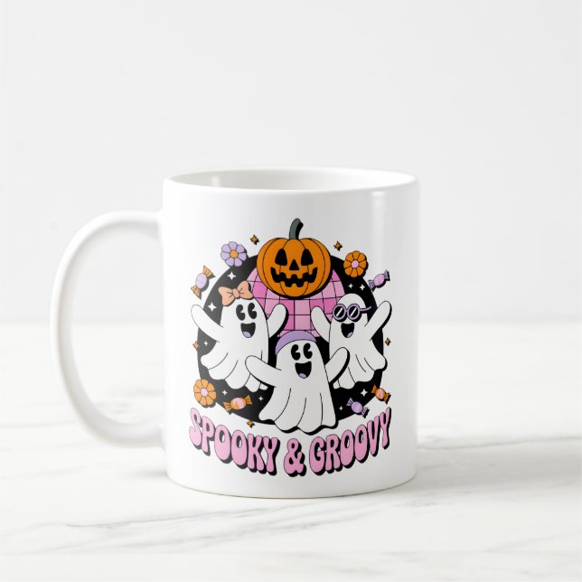 Spooky And Groovy Disco Ghosts Retro Halloween Coffee Mug (Left)