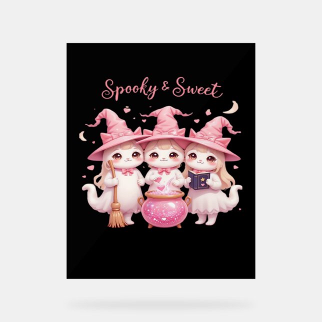 Spooky and Sweet Cute Witch Cat Oversized T-Shirt Acrylic Sign (Front)