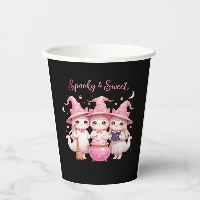 Spooky and Sweet Cute Witch Cat Oversized T-Shirt Paper Cups (Front)