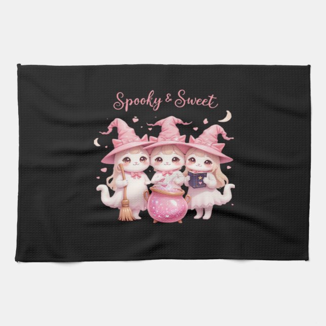 Spooky and Sweet Cute Witch Cat Oversized T-Shirt Tea Towel (Horizontal)
