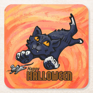 Spooky Animals Cat and Mouse Square Paper Coaster