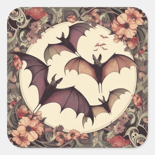 Spooky Art Nouveau Bats Illustration Pretty Horror Square Sticker (Front)