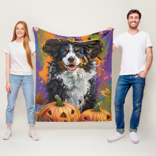 Spooky Australian Shepherd Halloween Witch Pumpkin Fleece Blanket