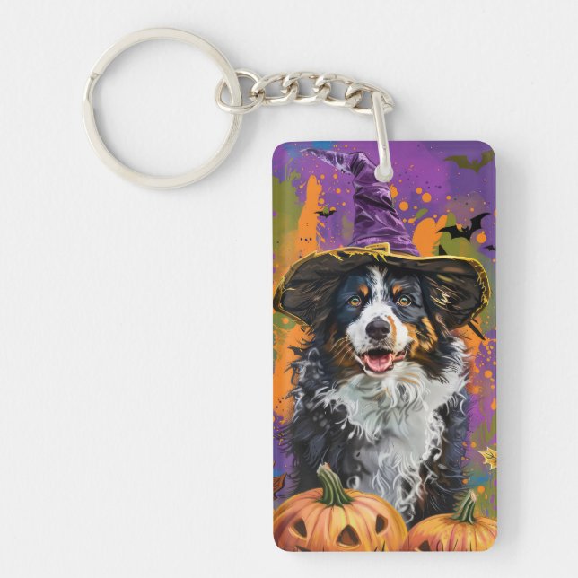 Spooky Australian Shepherd Halloween Witch Pumpkin Key Ring (Front)