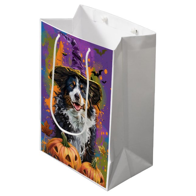 Spooky Australian Shepherd Halloween Witch Pumpkin Medium Gift Bag (Front Angled)