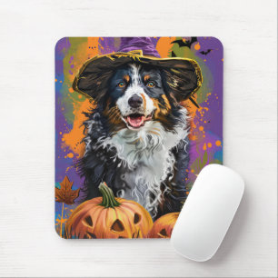 Spooky Australian Shepherd Halloween Witch Pumpkin Mouse Mat