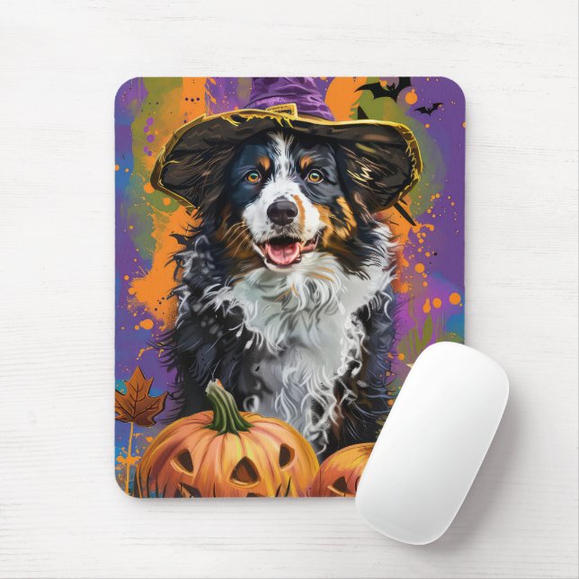 Spooky Australian Shepherd Halloween Witch Pumpkin Mouse Mat (With Mouse)