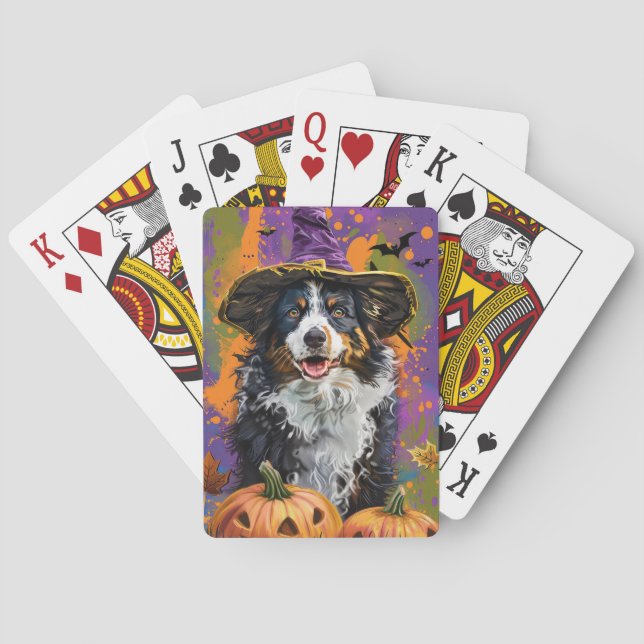 Spooky Australian Shepherd Halloween Witch Pumpkin Playing Cards (Back)