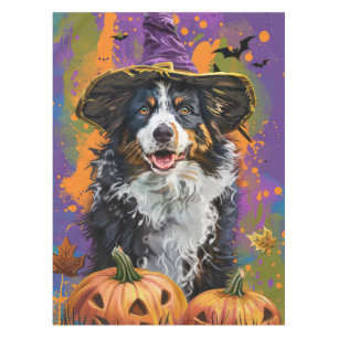 Spooky Australian Shepherd Halloween Witch Pumpkin Tablecloth