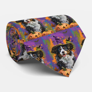Spooky Australian Shepherd Halloween Witch Pumpkin Tie