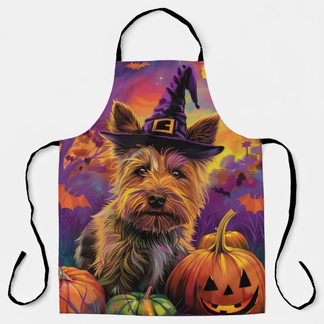 Spooky Australian Terrier Halloween Witch Pumpkin Apron (Front)