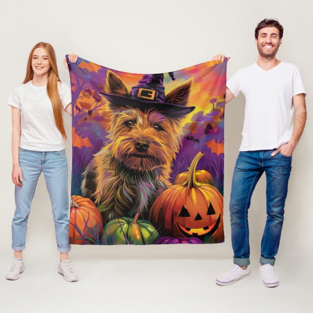 Spooky Australian Terrier Halloween Witch Pumpkin Fleece Blanket (In Situ)