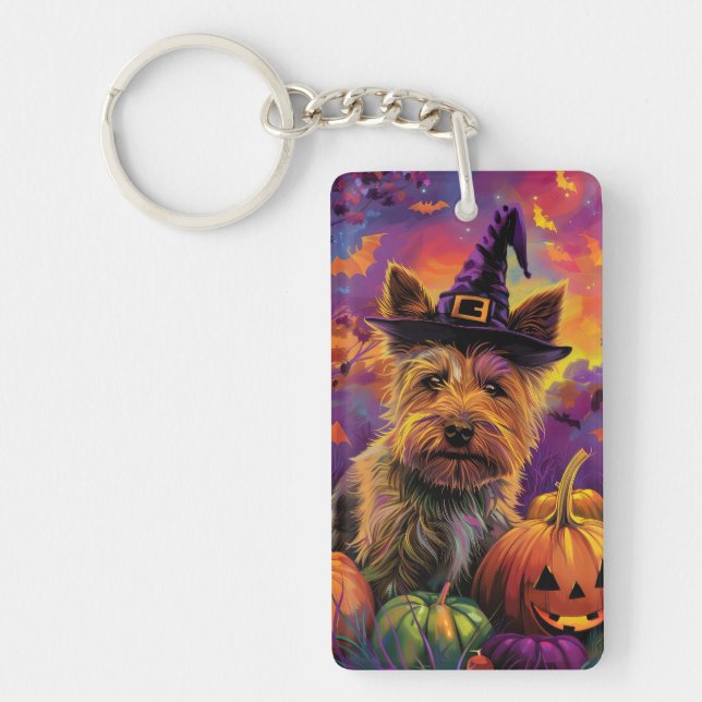 Spooky Australian Terrier Halloween Witch Pumpkin Key Ring (Front)
