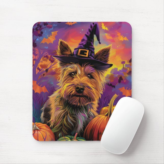 Spooky Australian Terrier Halloween Witch Pumpkin Mouse Mat (With Mouse)