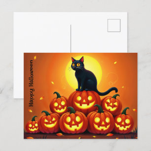 Spooky autumn night with glowing pumpkins postcard