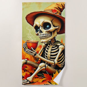 Spooky Autumn Skeleton's Coffee Break Design Beach Towel