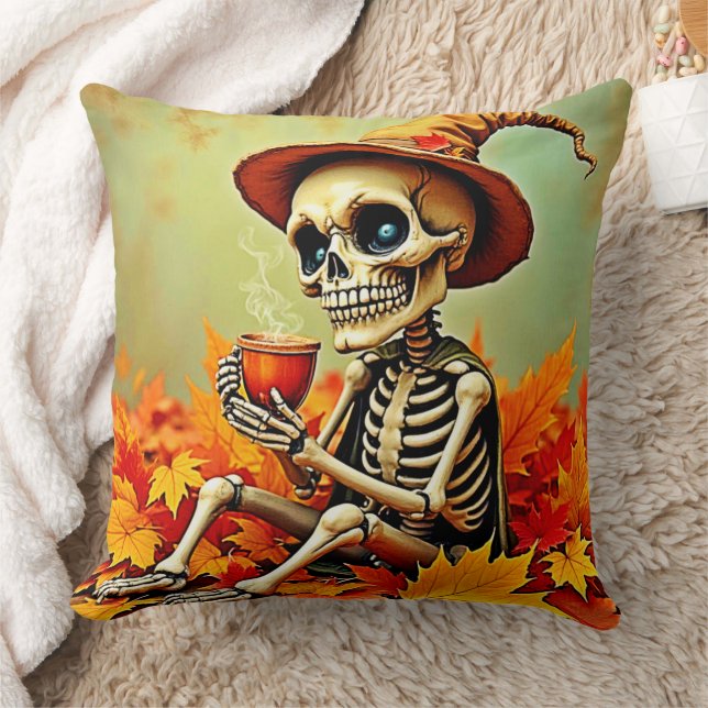 Spooky Autumn Skeleton's Coffee Break Design Cushion (Blanket)