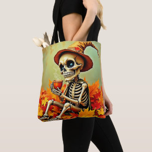 Spooky Autumn Skeleton's Coffee Break Design Tote Bag
