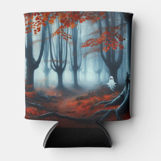 Spooky Autumn woods with a ghost Can Cooler (Front)
