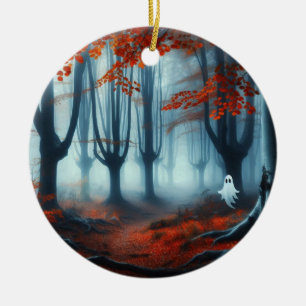 Spooky Autumn woods with a ghost Ceramic Tree Decoration