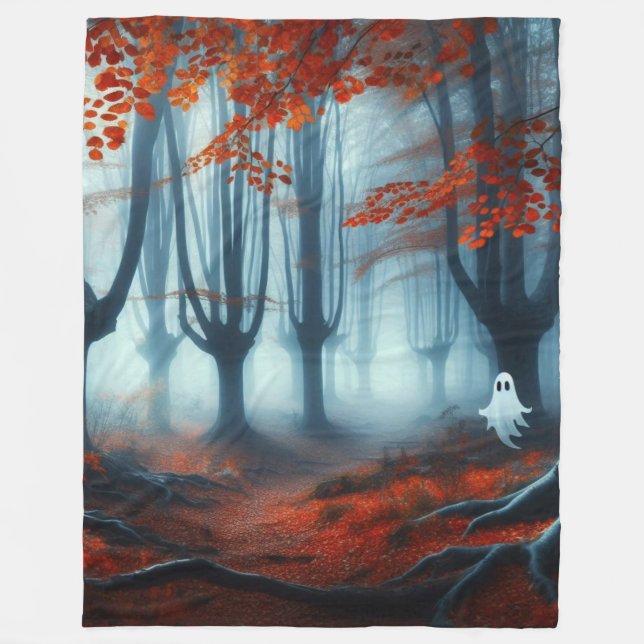 Spooky Autumn woods with a ghost Fleece Blanket (Front)
