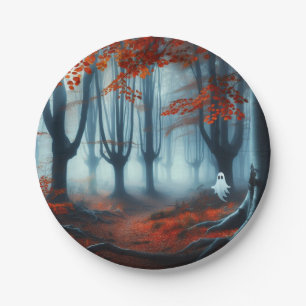 Spooky Autumn woods with a ghost Paper Plate