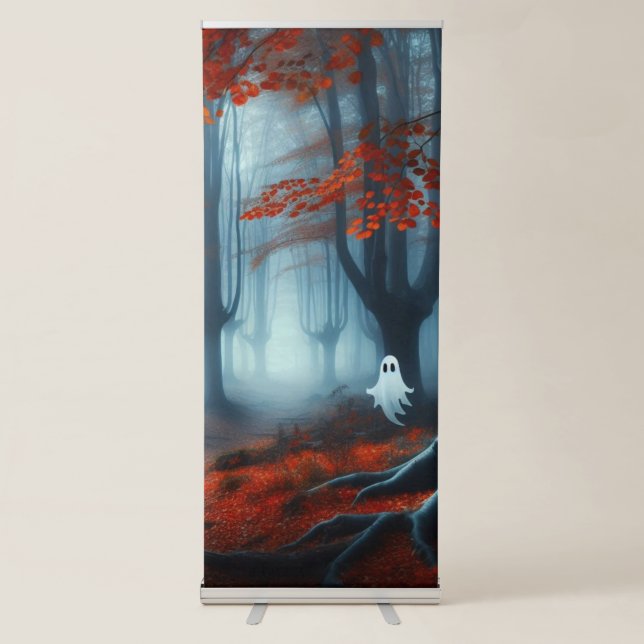 Spooky Autumn woods with a ghost Retractable Banner (Front)