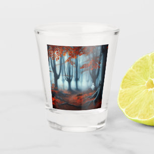 Spooky Autumn woods with a ghost Shot Glass