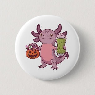Spooky Axolotl Holding Matcha and Treat Halloween 6 Cm Round Badge