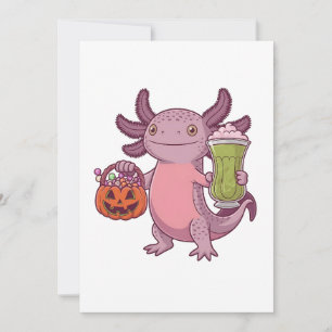Spooky Axolotl Holding Matcha and Treat Halloween Holiday Card