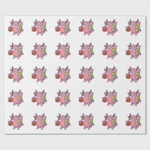 Spooky Axolotl Holding Matcha and Treat Halloween Wrapping Paper