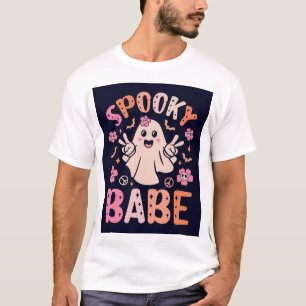 Spooky Babe Retro Pink Ghost Peace Sign Halloween T-Shirt