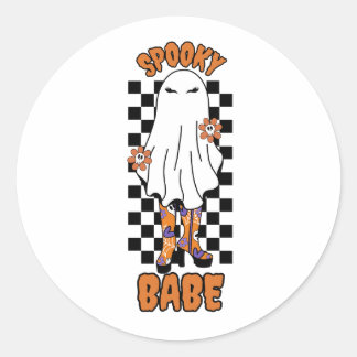 "Spooky Babe" Woman Halloween Ghost Orange Classic Round Sticker