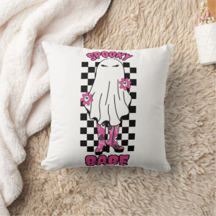 "Spooky Babe" Woman Halloween Ghost – Retro Pink Cushion
