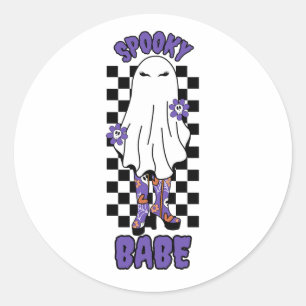 "Spooky Babe" Woman Halloween Ghost Retro Purple Classic Round Sticker