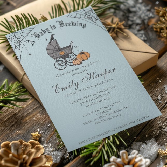 Spooky Baby is Brewing Gothic Baby Shower Invitation (Halloween Baby Shower A Baby Is Brewing Invite. Hand Drawn Victorian Baby Carriage, Pumpkins, Webs.)