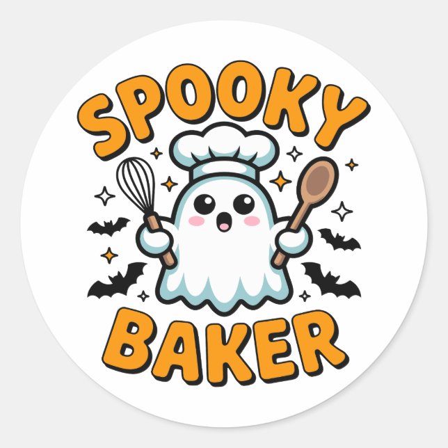 Spooky Baker – Cute Ghost Halloween Baking Classic Round Sticker (Front)