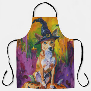 Spooky Basenji Halloween Witch And Pumpkin Apron