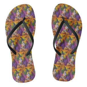 Spooky Basenji Halloween Witch And Pumpkin Flip Flops