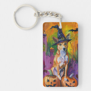 Spooky Basenji Halloween Witch And Pumpkin Key Ring