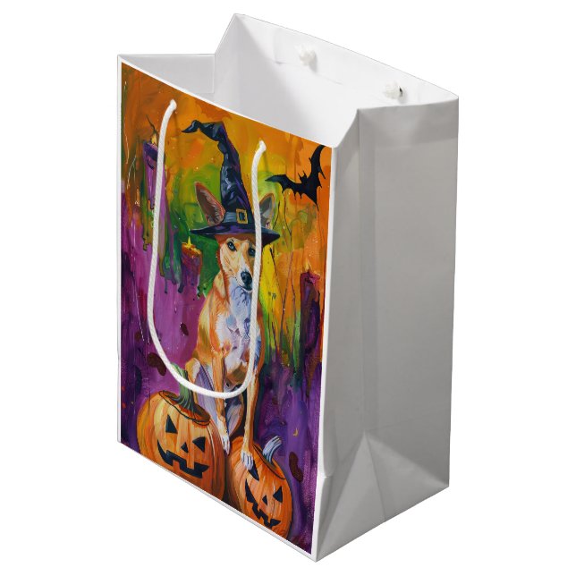 Spooky Basenji Halloween Witch And Pumpkin Medium Gift Bag (Front Angled)