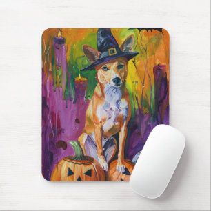Spooky Basenji Halloween Witch And Pumpkin Mouse Mat