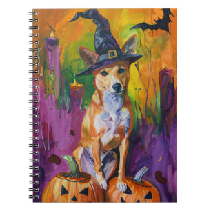 Spooky Basenji Halloween Witch And Pumpkin Notebook