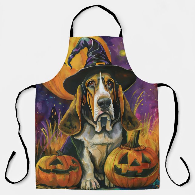 Spooky Basset Hound Halloween Witch And Pumpkin Apron (Front)